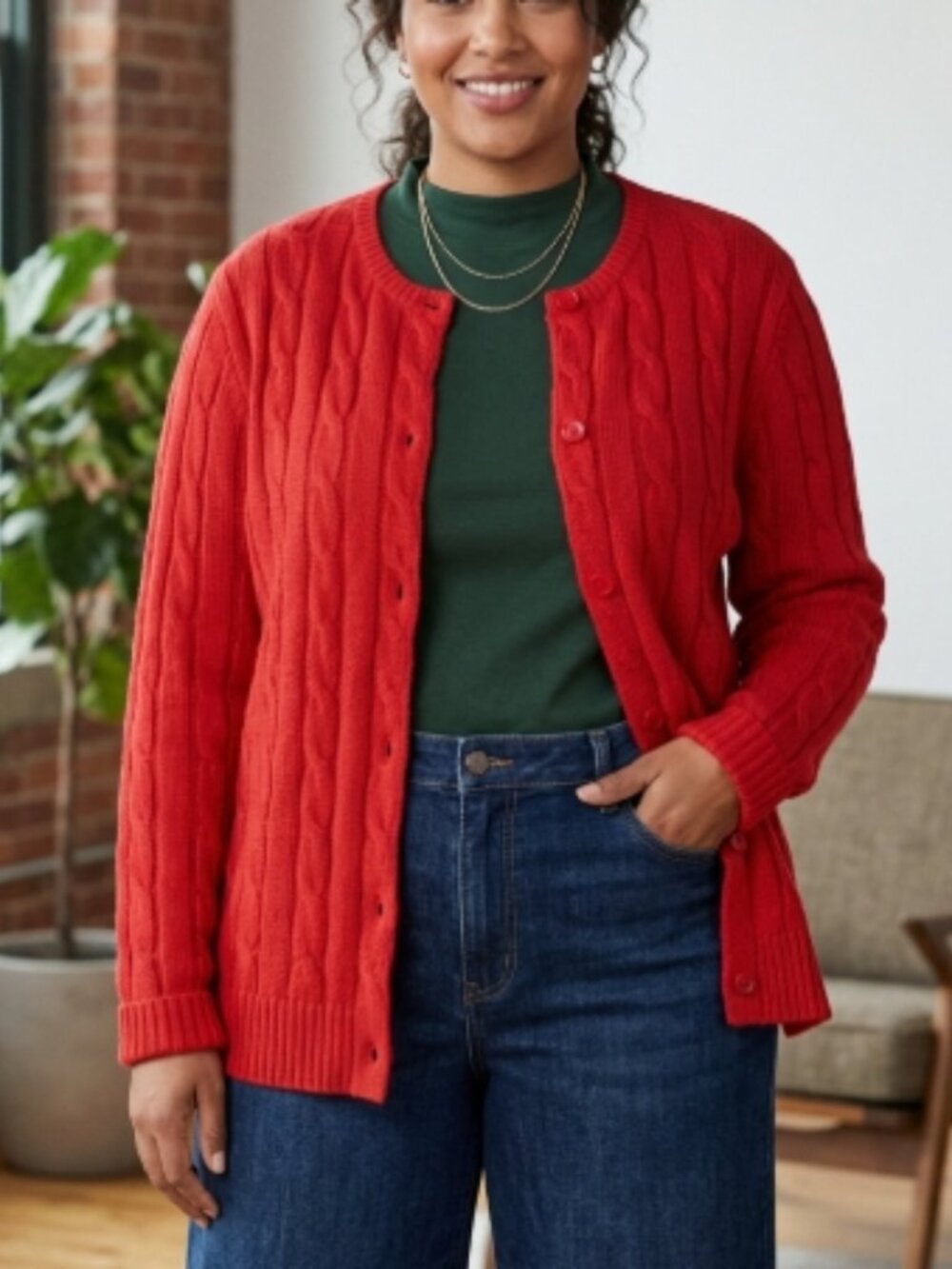 Appleseed’s Red Wool Cable Knit Cardigan Sweater L Cottagecore Classic Preppy